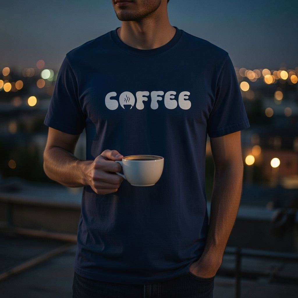 A man wears a navy blue t-shirt featuring the word Coffee in a white retro bubble font.