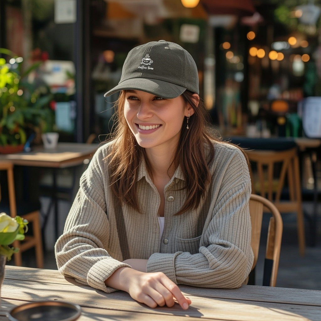 A woman wearing a vintage olive green corduroy cap with an embroidered coffee cup design.