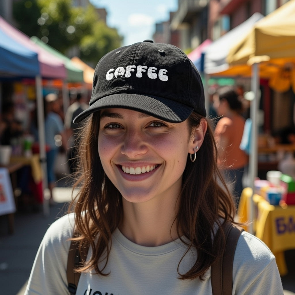A woman smiles wearing a black corduroy dad hat with white embroidered Coffee text.
