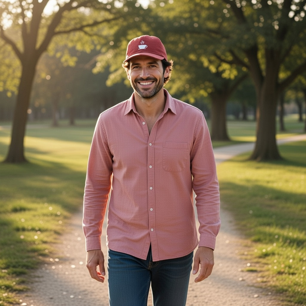 A man wears a red corduroy cap with an embroidered steaming coffee cup on a sunny park path.