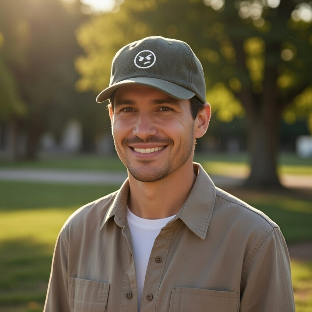 A man wearing a mocha corduroy dad hat featuring a white circular face graphic on the front.