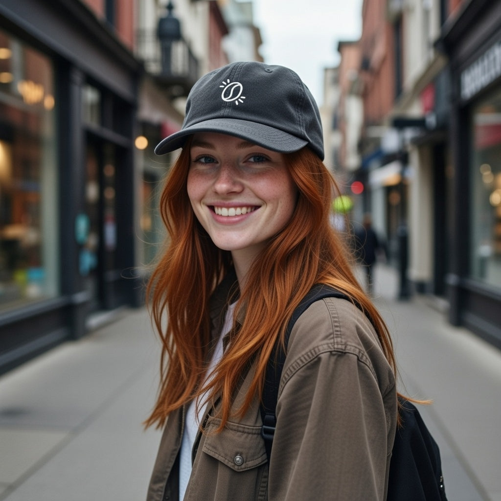 A woman wears a dark gray corduroy baseball cap with a white embroidered coffee bean logo.