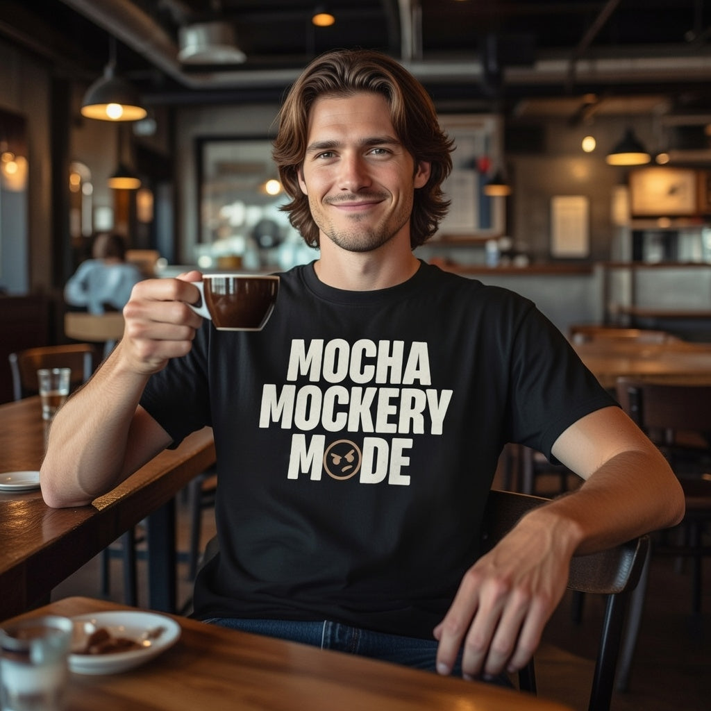 A man in a cafe wears a black t-shirt with the text Mocha Mockery Mode and an angry face icon.