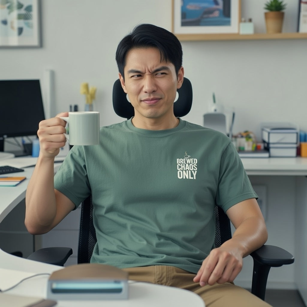 A man in an office wears a sage green Brewed Chaos Only t-shirt while holding a coffee mug.
