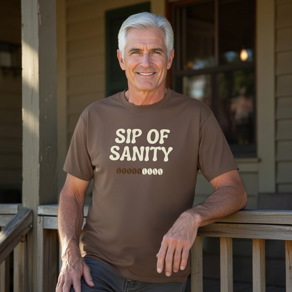 A man wears a brown Sip Of Sanity t-shirt with a coffee bean graphic on a wooden porch.