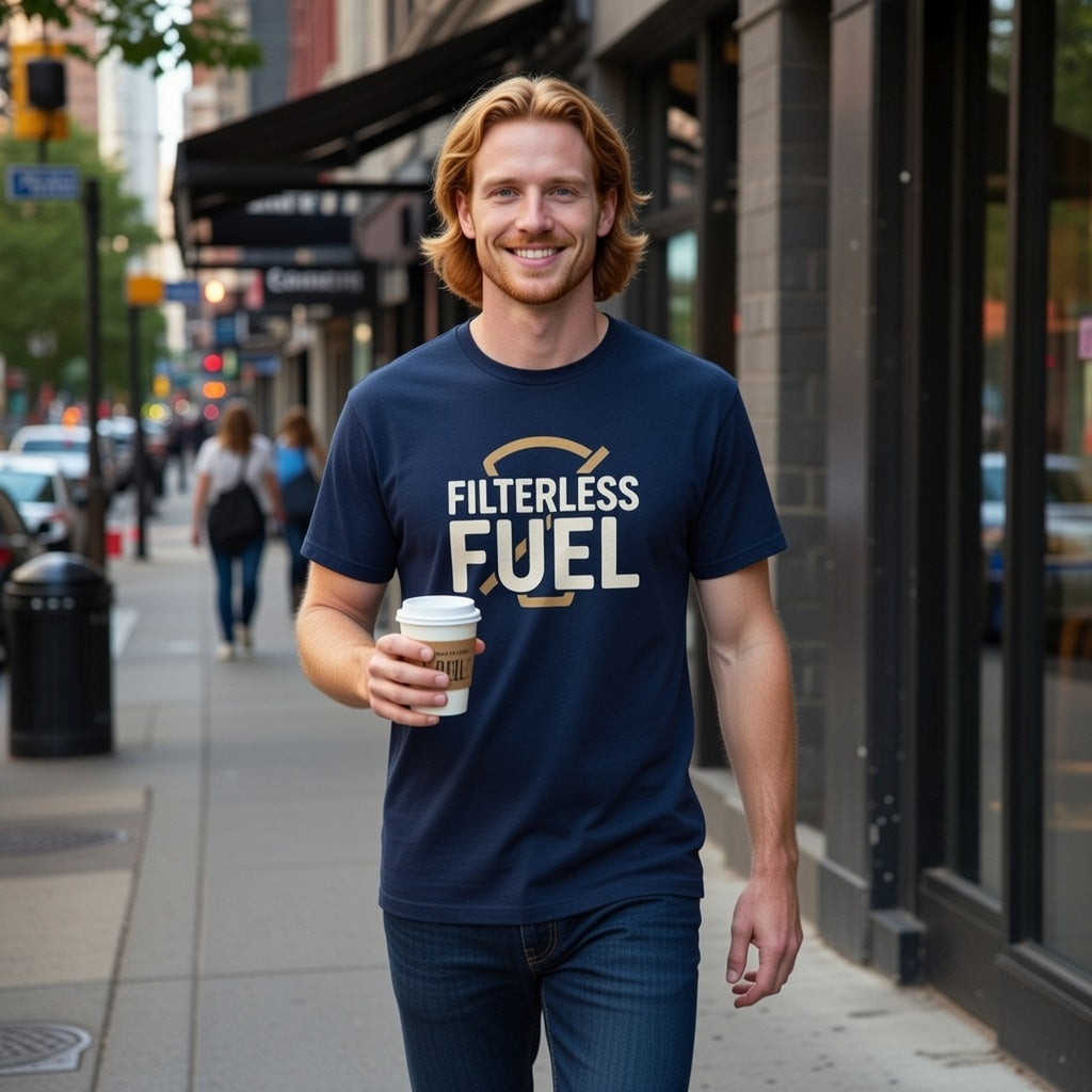A man with reddish hair wears a navy blue cotton t-shirt featuring the text Filterless Fuel.