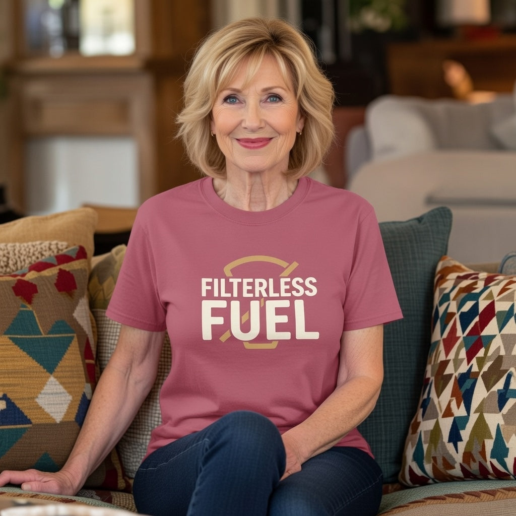 A woman wears a mauve Filterless Fuel t-shirt with a minimalist retro graphic while sitting on a sofa.
