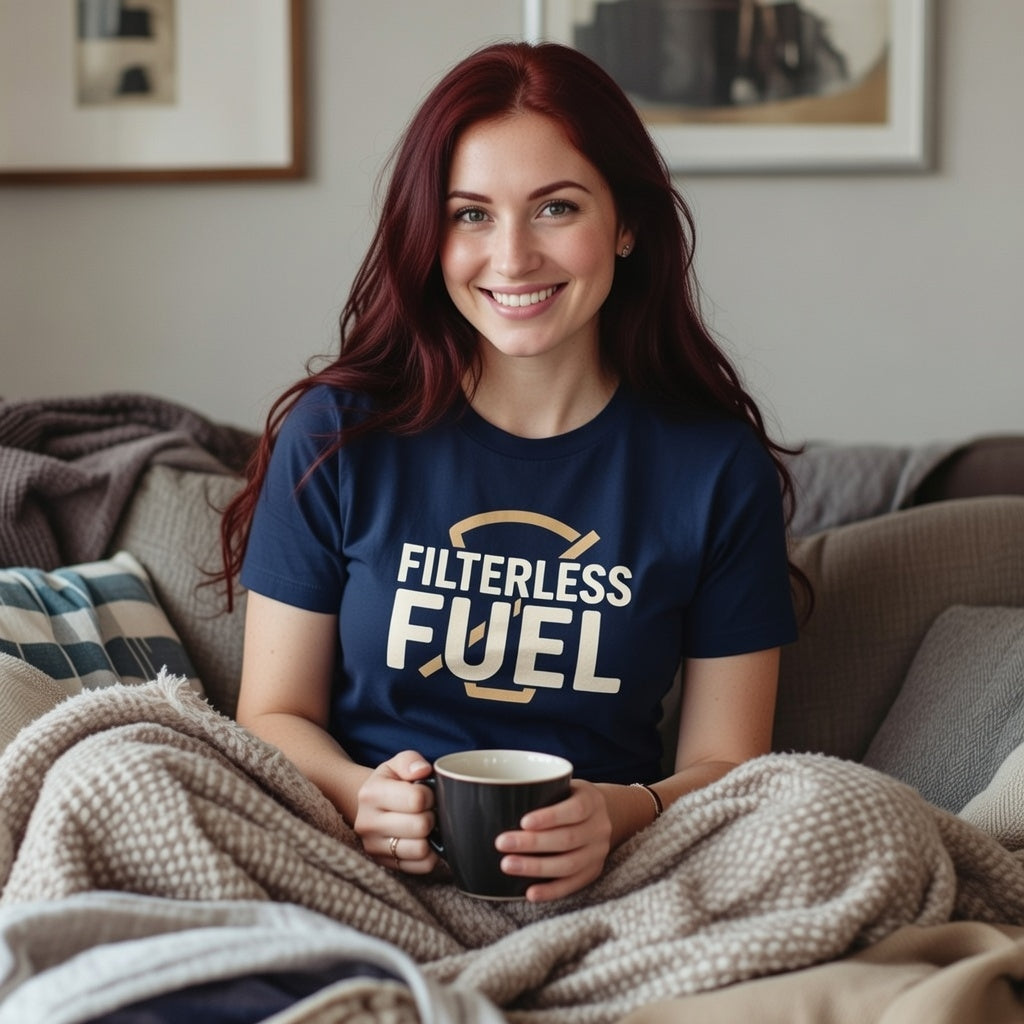 A woman with red hair wears a navy blue cotton t-shirt featuring the text Filterless Fuel.