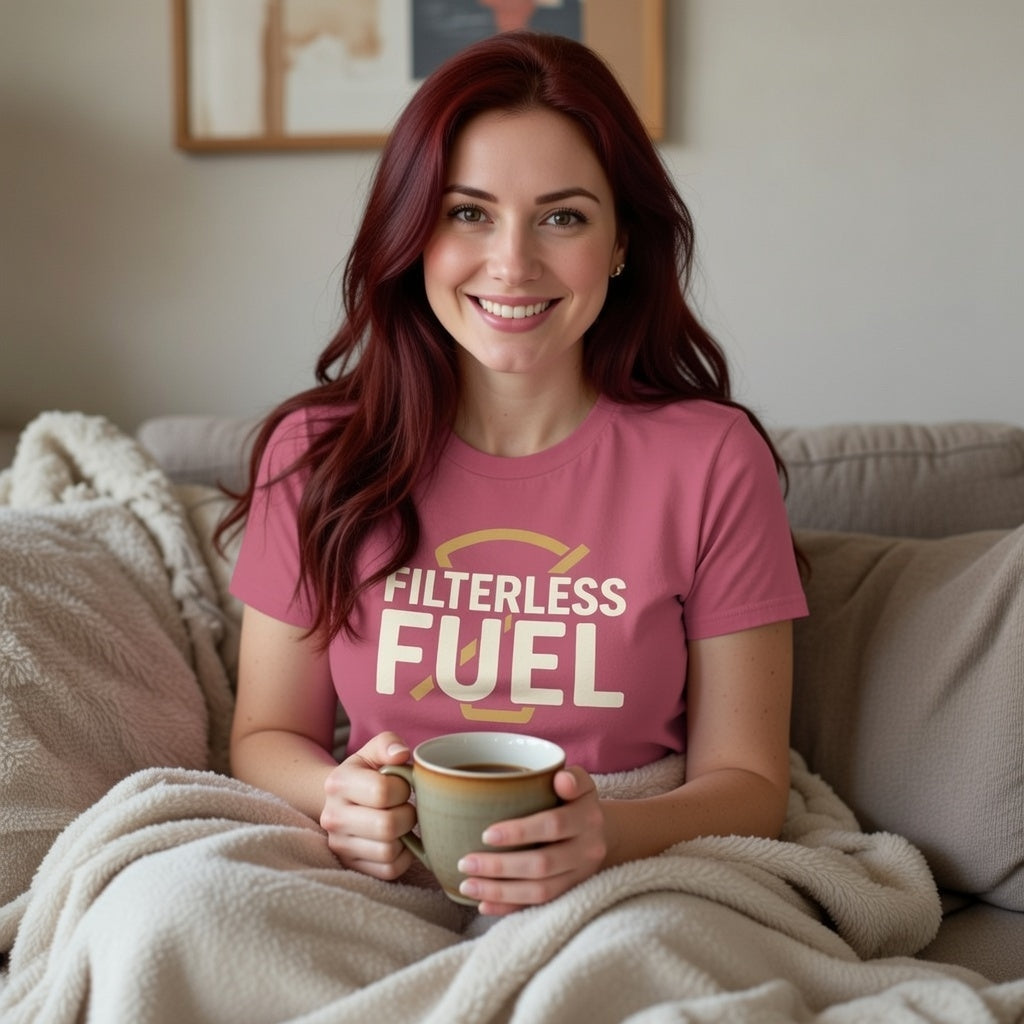 A woman wears a pink cotton t-shirt featuring the text Filterless Fuel in a retro font.