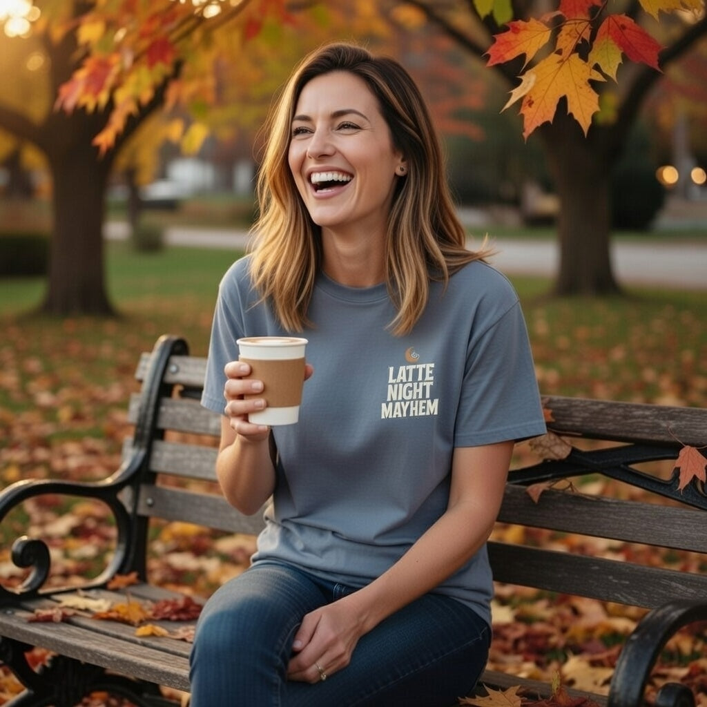 A woman laughs on a park bench wearing a blue Latte Night Mayhem t-shirt and holding a coffee cup.