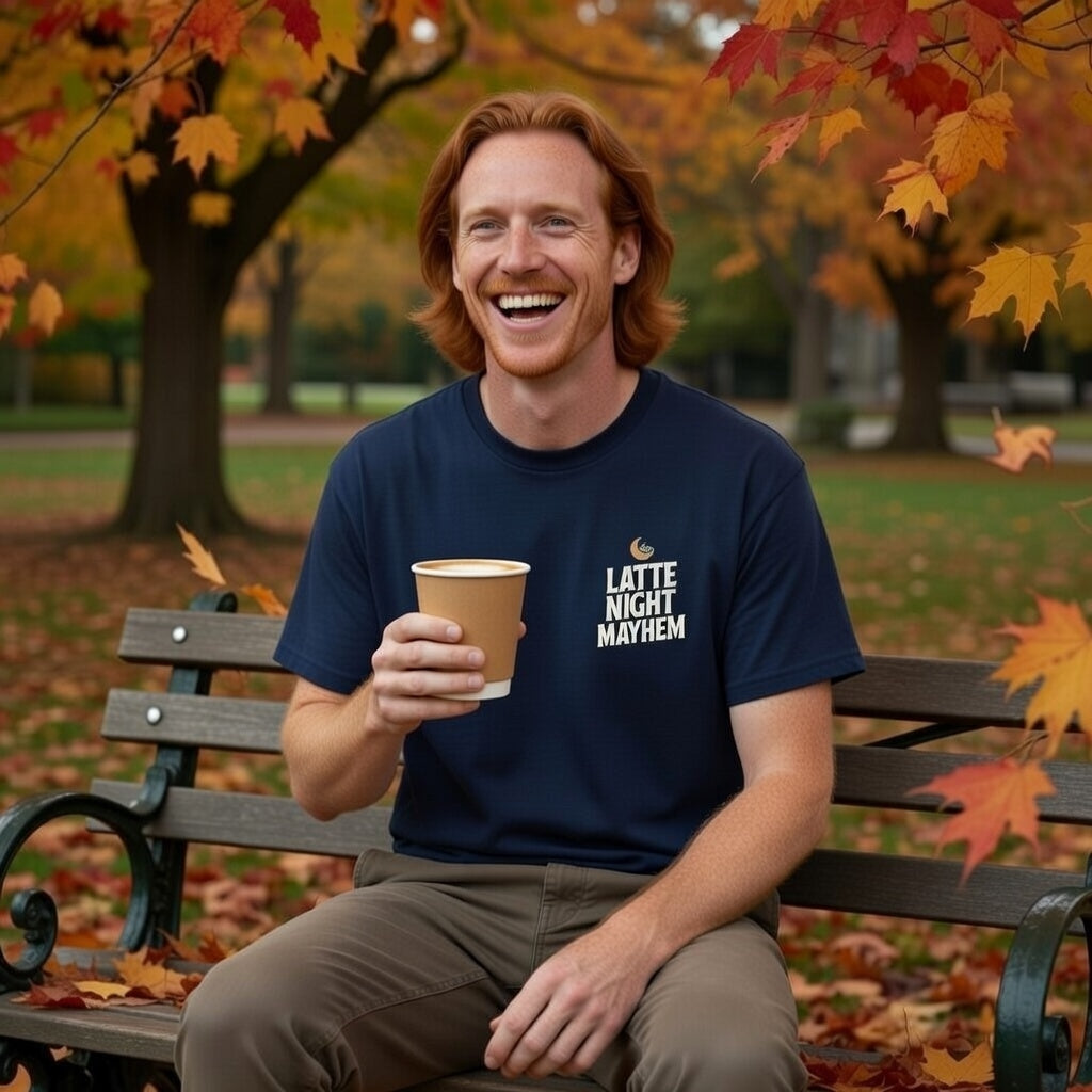 A man in a park wears a navy Latte Night Mayhem t-shirt while holding a coffee cup.