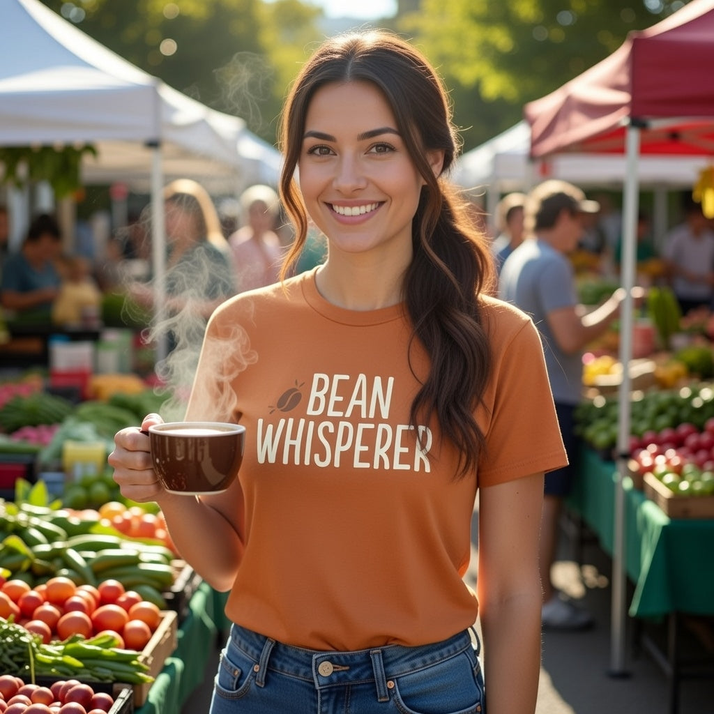 Woman wearing an orange Bean Whisperer t-shirt while holding a steaming cup of coffee at a market.
