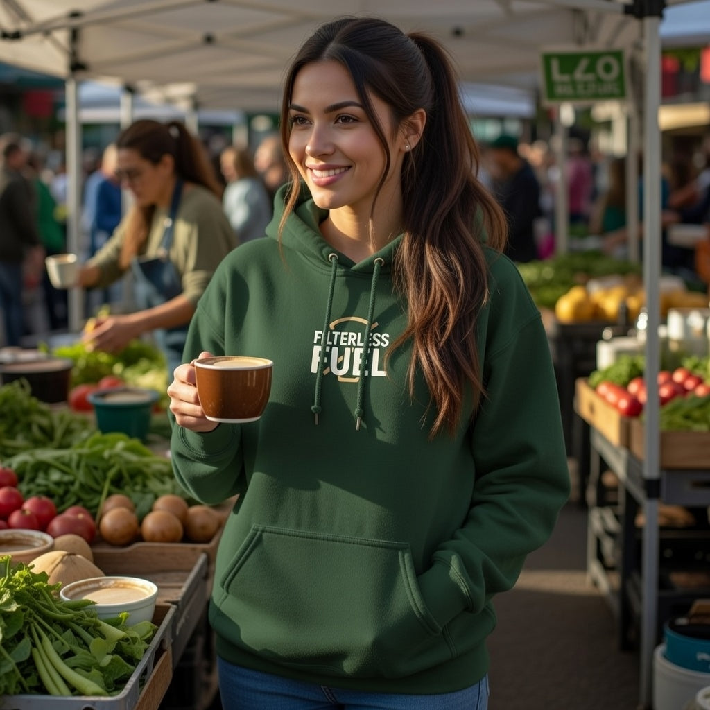 A woman wears a dark green Filterless Fuel hoodie while holding a coffee cup at an outdoor market.