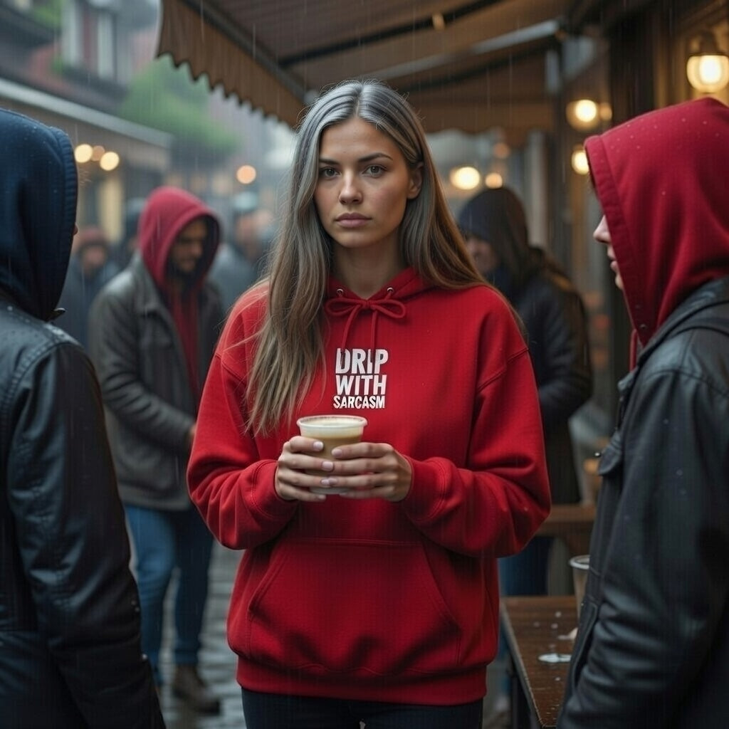 A woman wears a red Drip With Sarcasm hoodie while holding a coffee cup in a rainy outdoor setting.
