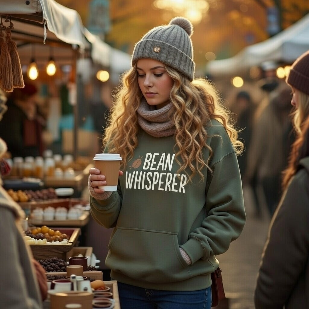 A woman wears a green Bean Whisperer sweatshirt while holding a coffee cup at an outdoor market.