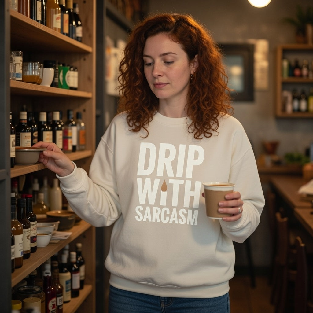 A woman in a cream crewneck sweatshirt with Drip With Sarcasm printed on the front holds a coffee cup.