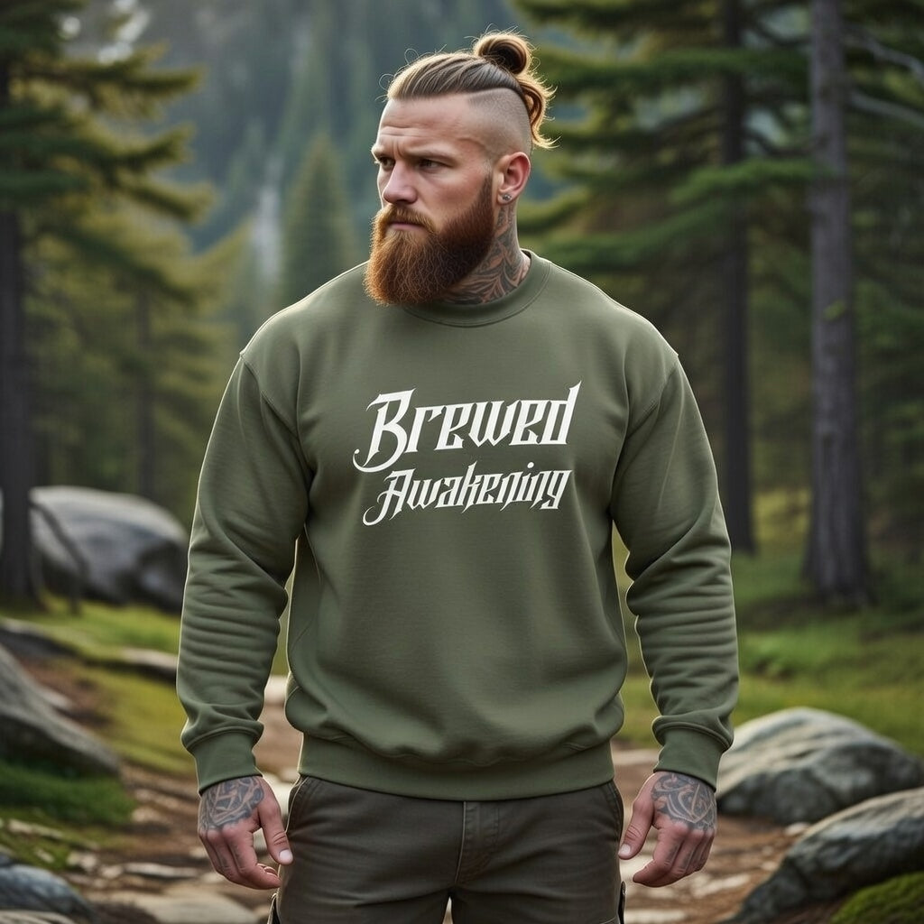 A man with a beard and tattoos wears an olive green crewneck sweatshirt with Brewed Awakening text.