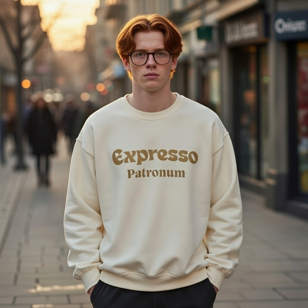 A man wearing a cream crewneck sweatshirt with the golden text Expresso Patronum on the chest.