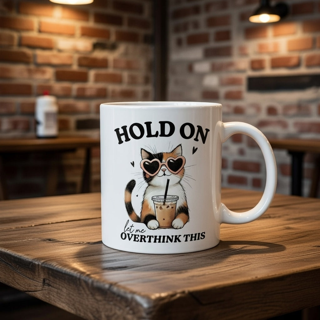 White ceramic mug featuring a calico cat in heart sunglasses and the text Hold On Let Me Overthink This.
