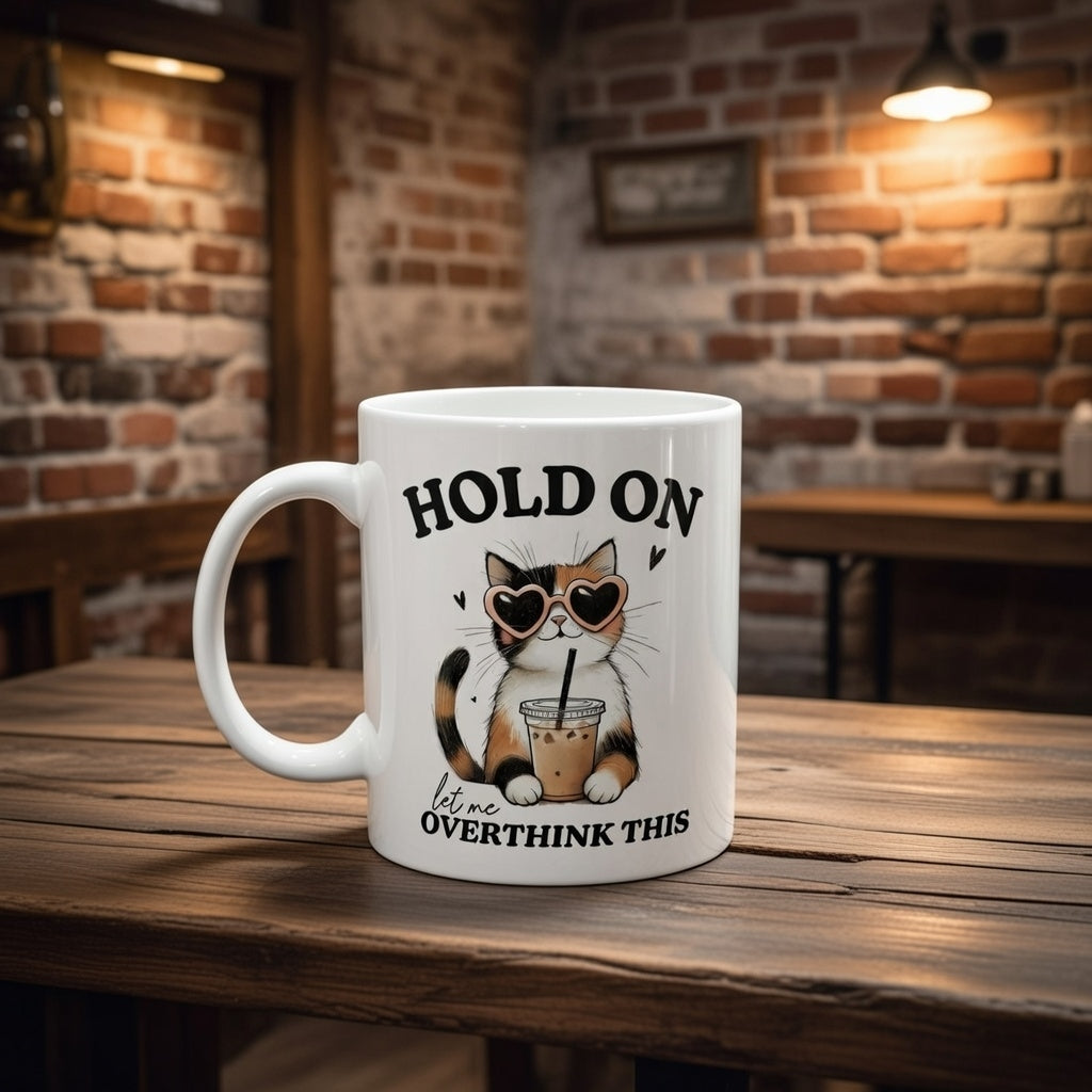 White ceramic mug featuring a calico cat in heart sunglasses and the text Hold On Let Me Overthink This.
