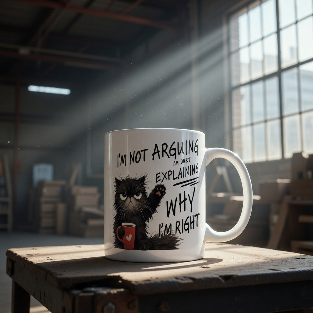 White ceramic mug with a grumpy black cat and the text I'm not arguing I'm just explaining why I'm right.