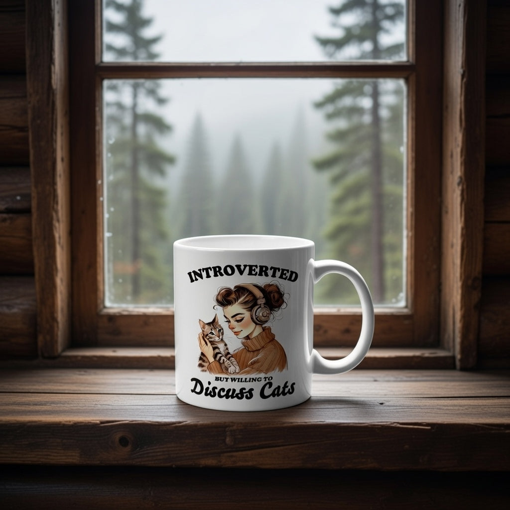 White ceramic mug with a woman holding a cat and the text Introverted But Willing To Discuss Cats.