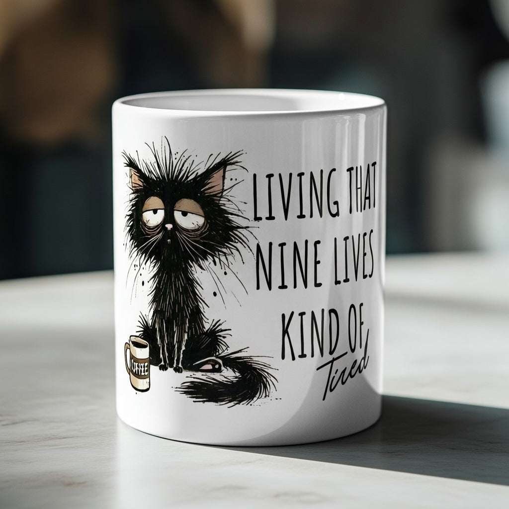 White ceramic mug featuring a scruffy, tired black cat and the text Living That Nine Lives Kind of Tired.