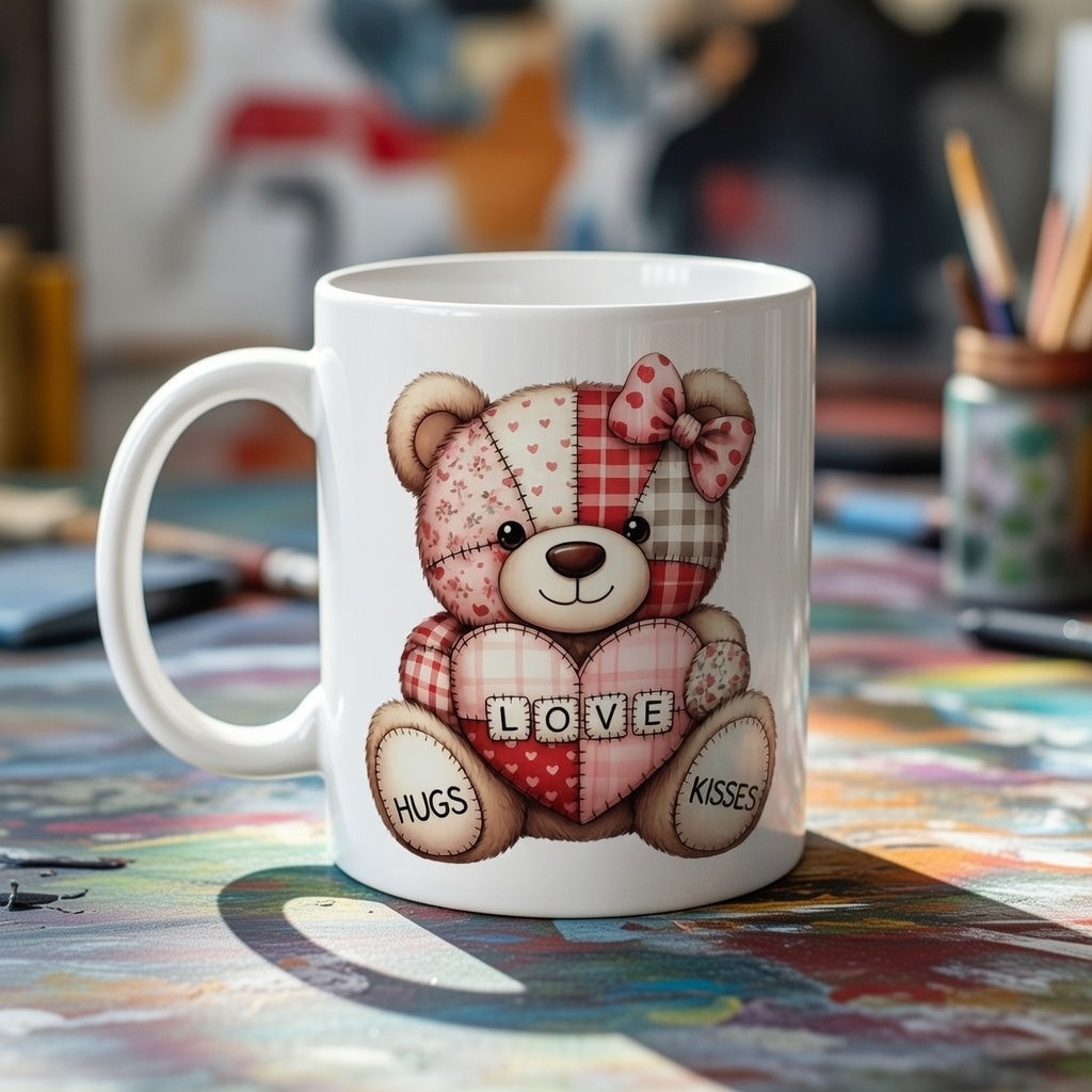 White ceramic mug featuring a patchwork teddy bear holding a heart with the word LOVE.