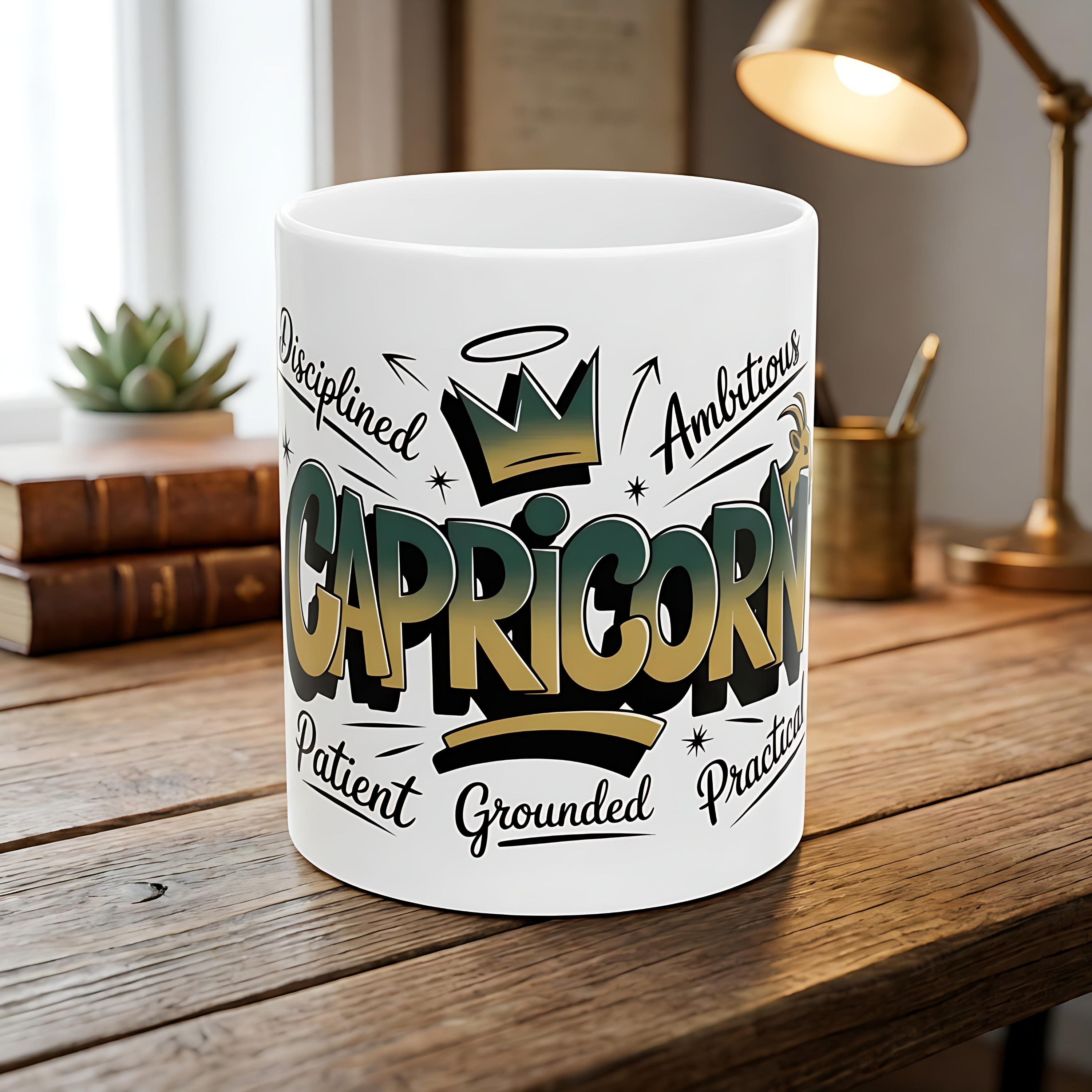 White ceramic Capricorn zodiac mug with graffiti-style lettering on a wooden desk.