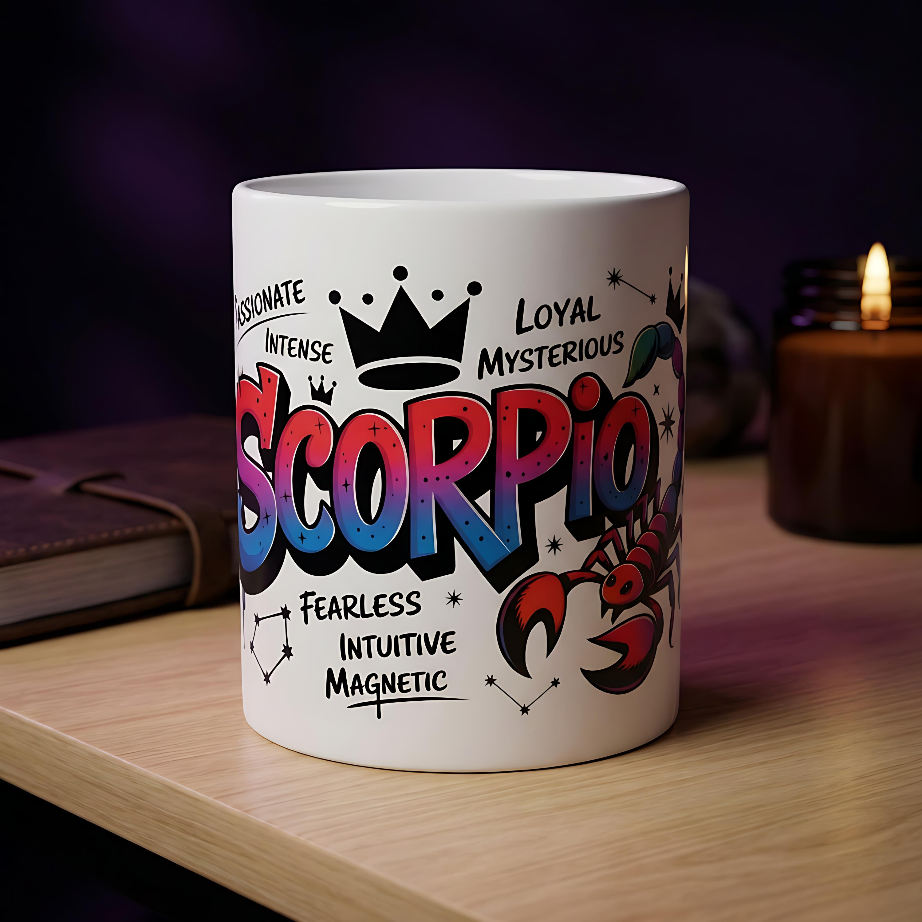 White ceramic Scorpio zodiac mug with colorful graffiti-style text and a scorpion illustration.