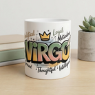 White ceramic mug featuring a colorful graffiti-style Virgo design with personality traits.