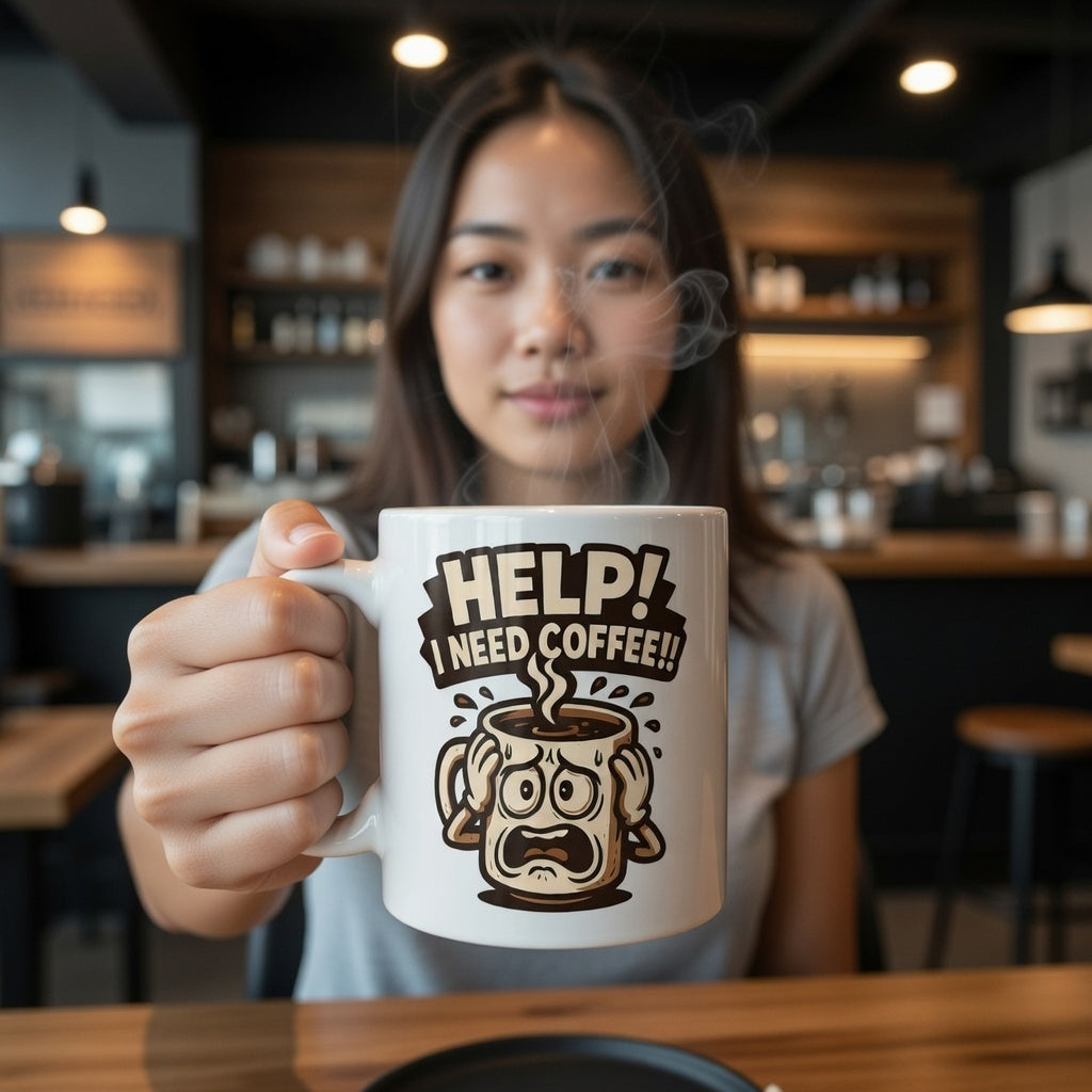White ceramic mug featuring a funny retro cartoon and the text Help! I Need Coffee!!