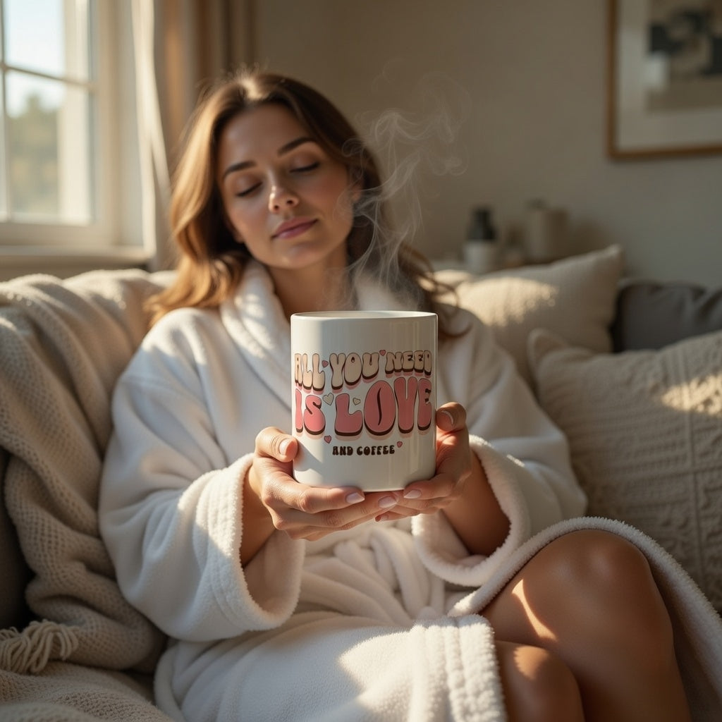 A woman in a white robe holds a white ceramic mug featuring retro All You Need Is Love and Coffee text.