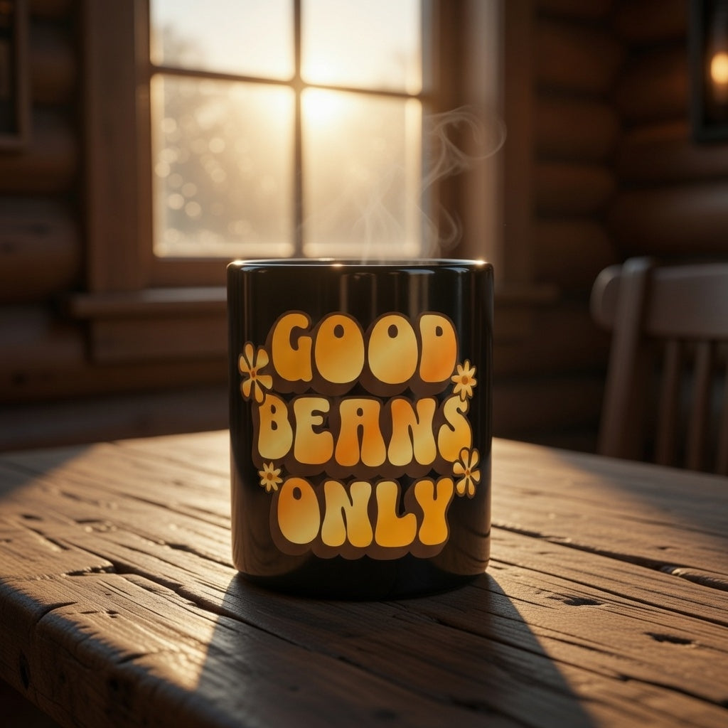 Black ceramic mug with retro orange Good Beans Only text and flowers on a rustic wooden table.