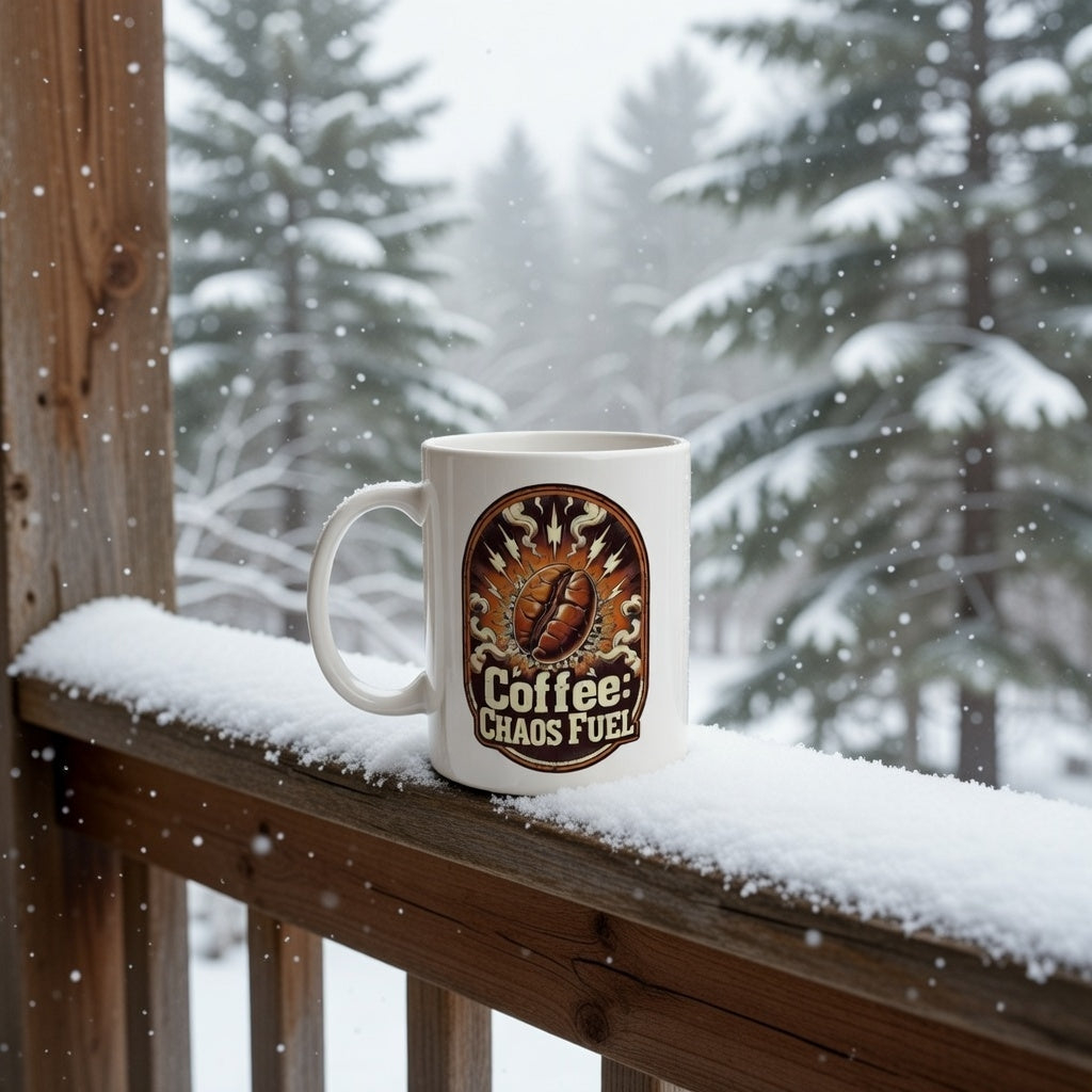 White ceramic mug with a retro Coffee: Chaos Fuel logo on a snowy wooden deck railing.