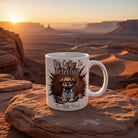 A white ceramic mug featuring a grumpy dog illustration and the text This Coffee Is Defective.