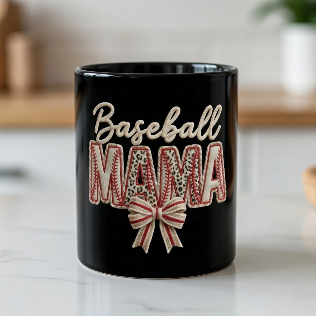 Black ceramic coffee mug featuring a Baseball Mama design with leopard print and a striped bow.