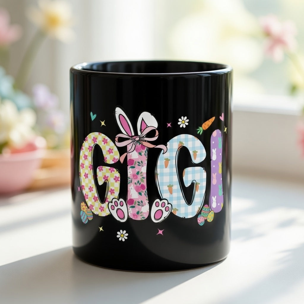 Black ceramic mug featuring a colorful floral and bunny-themed Gigi design for Easter.