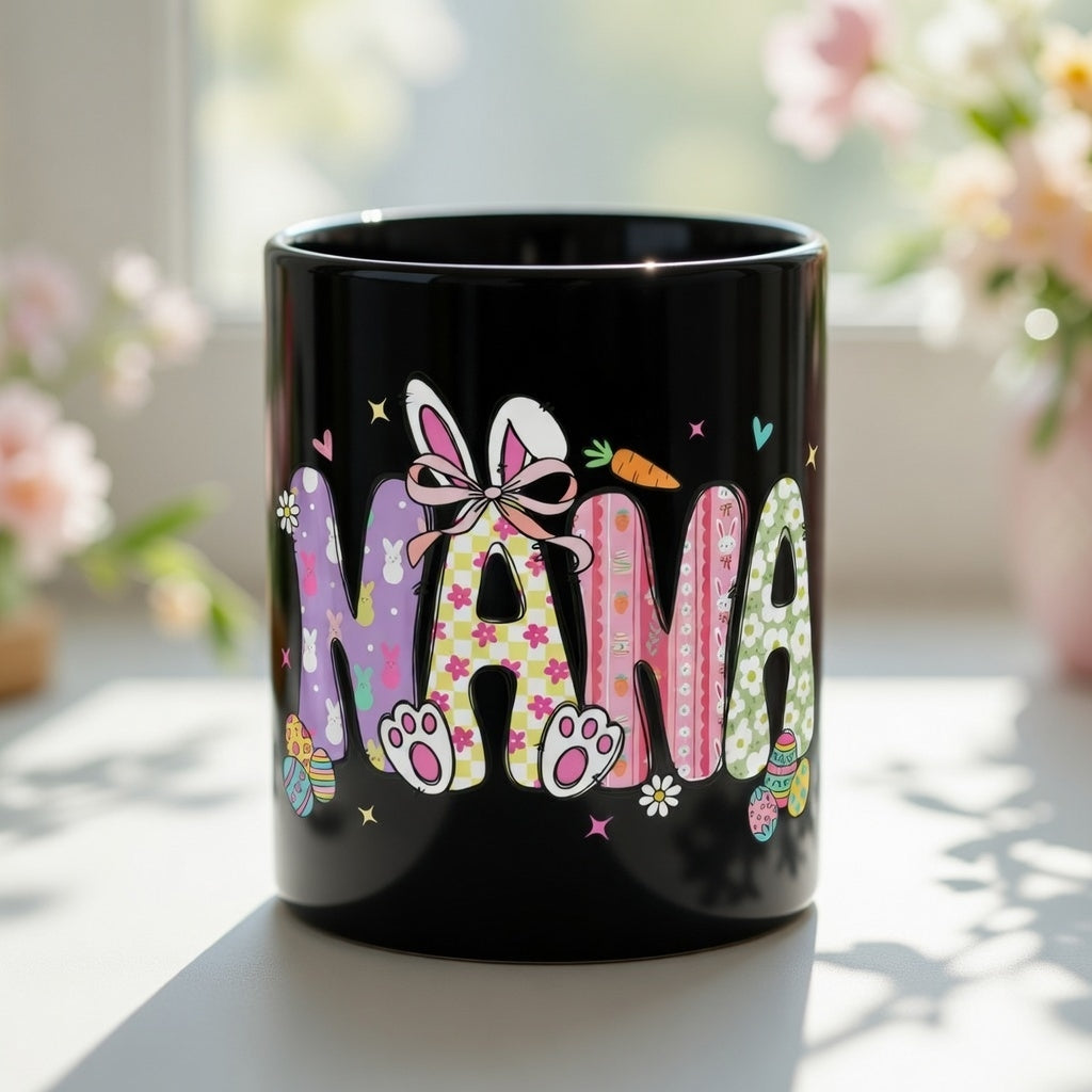 Black ceramic mug featuring the word NANA in colorful Easter patterns with bunny ears and paws.