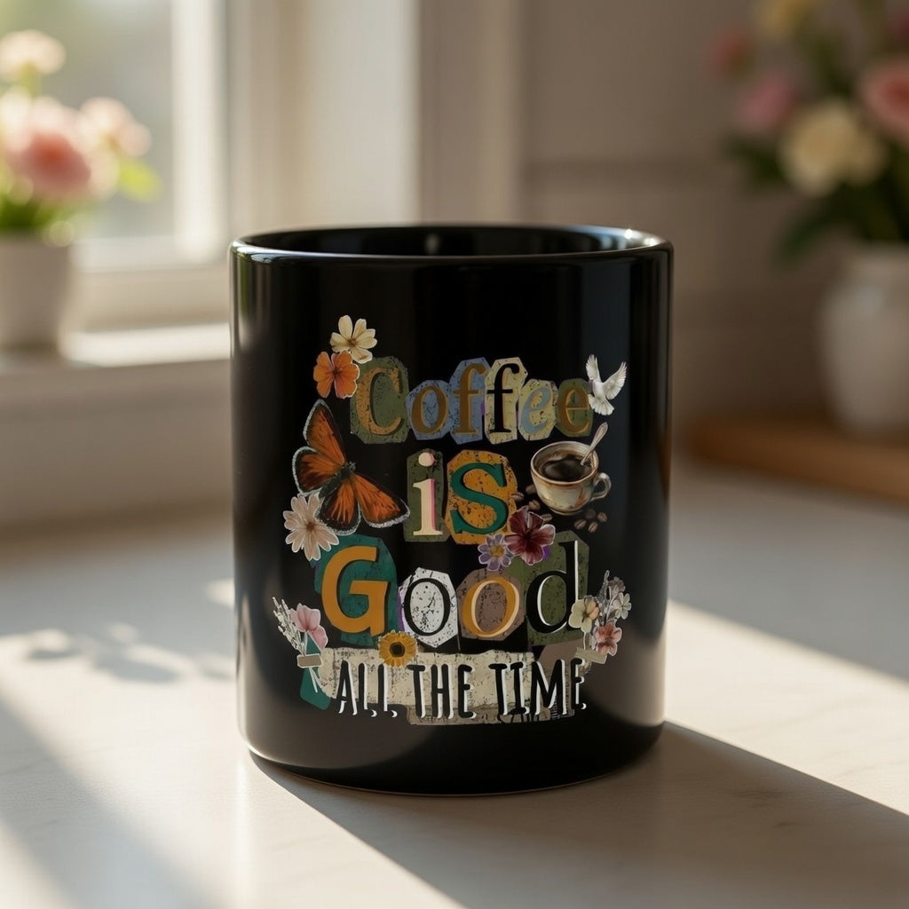 Black ceramic mug with vintage floral and butterfly art reading Coffee Is Good All The Time.