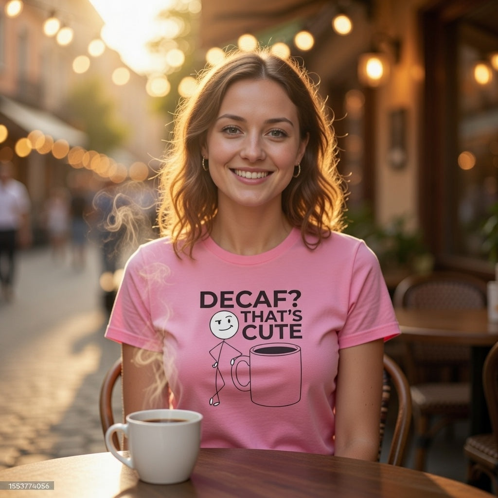Woman in a pink t-shirt with a stick figure and 'DECAF? THAT'S CUTE' text, sitting at a cafe table.