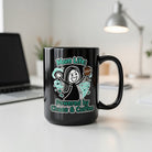 Black ceramic mug with a cartoon mom and the text Mom Life Powered by Chaos and Coffee.