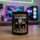 Black ceramic mug with a stick figure gamer and the text Coffee and Gaming is my kind of Magic.
