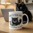 White ceramic mug with a grumpy cat illustration and the text None of your emails are finding me well.