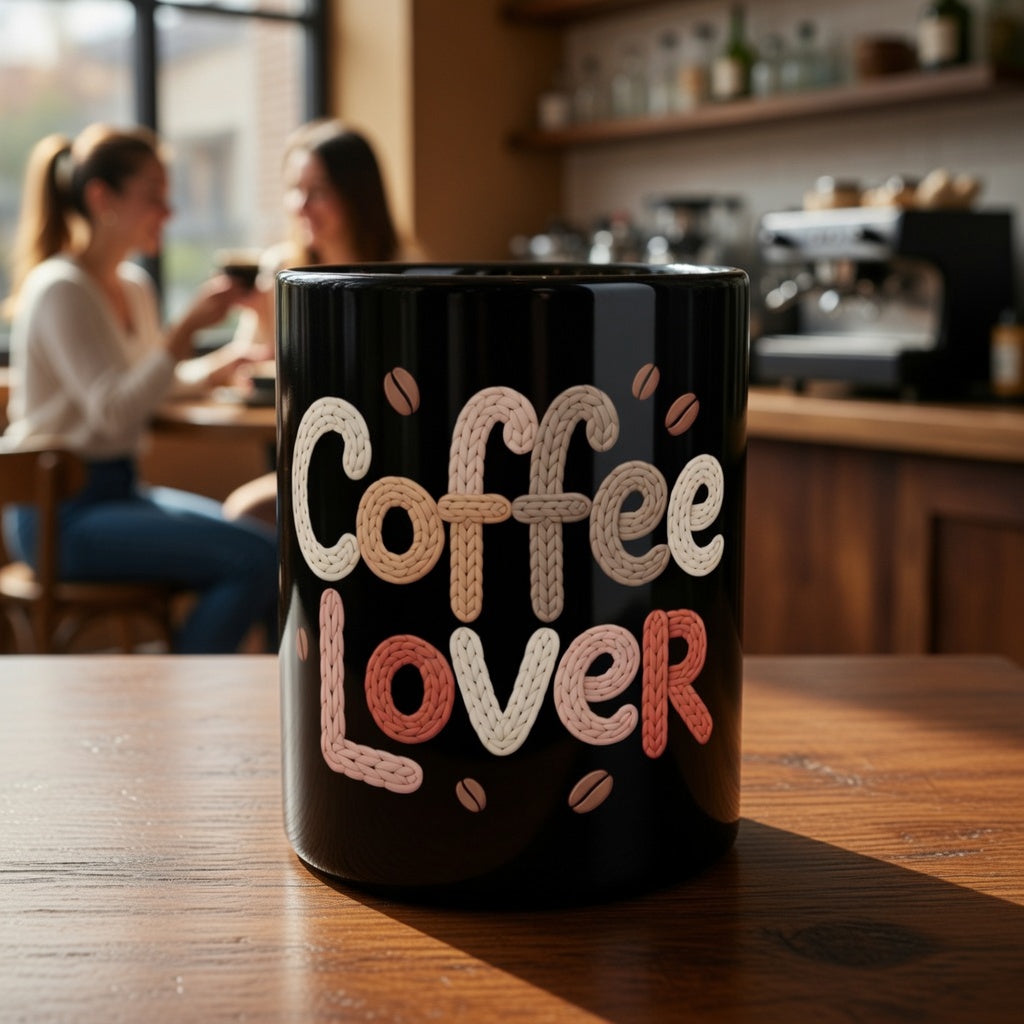 Black ceramic mug with textured Coffee Lover typography on a wooden table in a cafe setting.