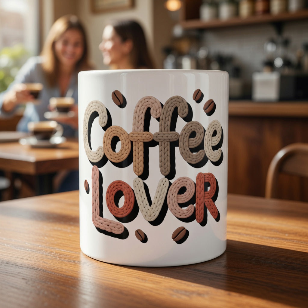 White ceramic mug featuring retro knitted-style typography that reads Coffee Lover on a wooden table.