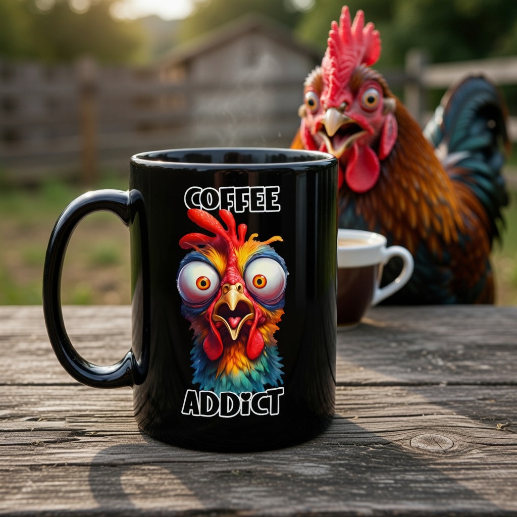 Black ceramic mug featuring a frazzled bird illustration and the text Coffee Addict.