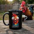 Black ceramic mug featuring a frazzled bird illustration and the text Coffee Addict.