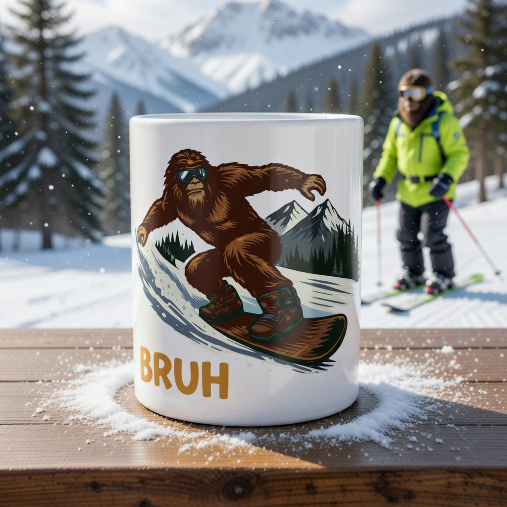White ceramic mug featuring a snowboarding Sasquatch and the word BRUH in a snowy mountain setting.