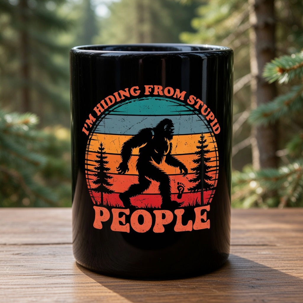 Black ceramic mug featuring a retro Bigfoot graphic and the text I'm Hiding From Stupid People.